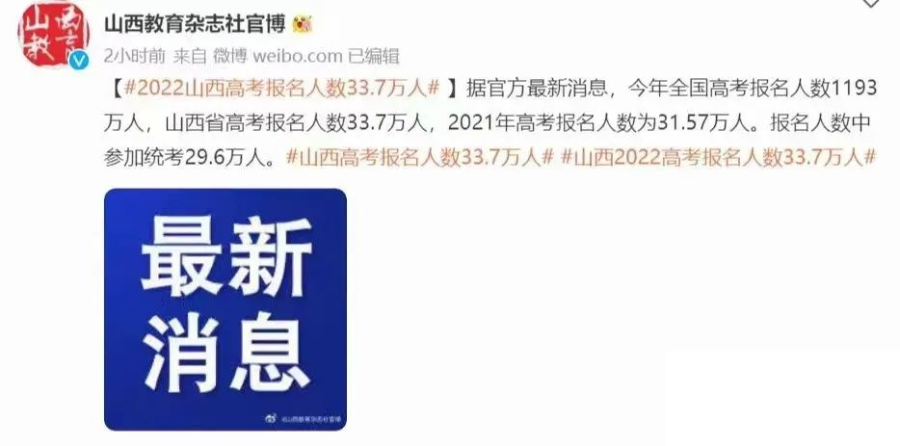 2022年山西高考报名人数33.7万人 比21年多了2.2万人！