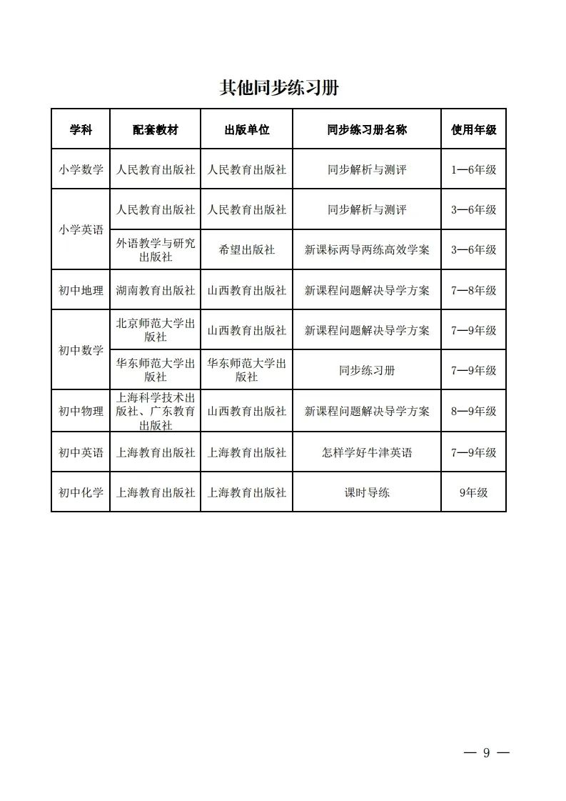 山西省教育厅印发《山西省2024学年中小学教辅材料目录》